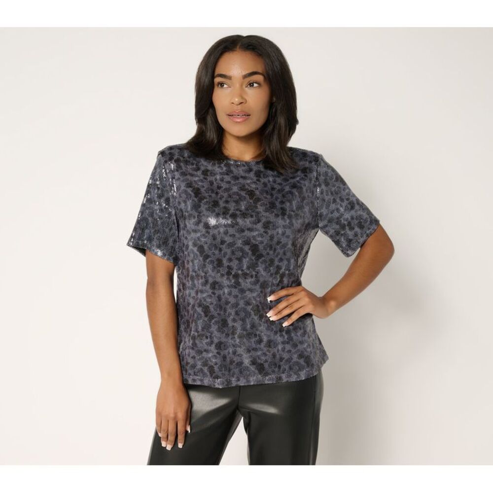 Susan Graver Women's Top Sz M Occasions Printed Sequin Multi-colored A703221